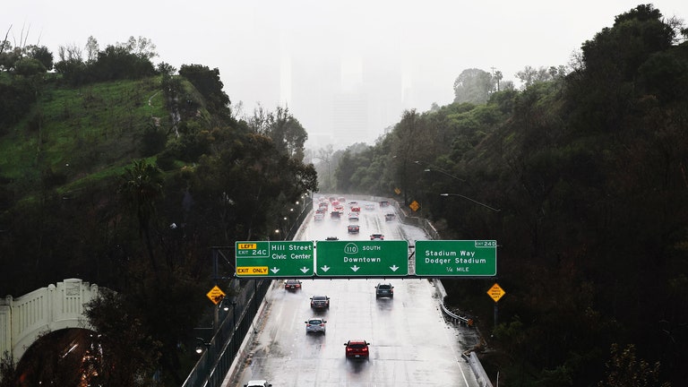 Aerial of Los Angeles Interstate while raining